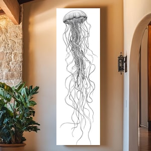 Minimalist Jellyfish Line Art – Black Ink Tentacles on White | Modern Ocean Drawing Poster, Canvas, or Framed Nautical Print