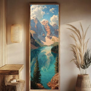 Vintage Rocky Mountains Oil Painting Tall Canvas Art, Summer Lake & Pine Trees Landscape Wall Art on Canvas or Framed Canvas