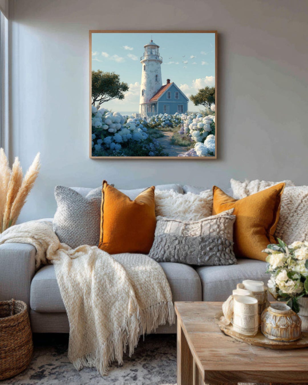 Coastal Lighthouse Canvas Print – Hydrangea Cottage Oil Style Wall Art ...
