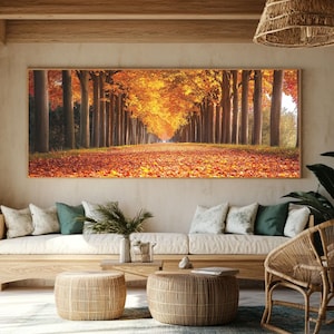 Golden Autumn Tree Alley Wall Art – Fall Foliage Photography Print with Leaf-Covered Path, Nature Poster or Framed Seasonal Decor