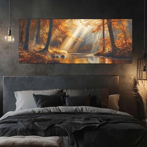 Golden Autumn Forest River Wall Art – Cinematic Oil Painting with Sun Rays, Foliage Reflections, Fantasy Landscape Poster or Canvas