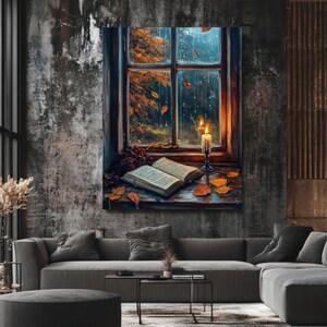 Arte de parede aconchegante com cena de janela chuvosa – Pintura a óleo com luz de velas de outono e folhas caindo, pôster nostálgico de decoração para casa ou tela emoldurada