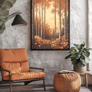 Arte de parede estilo floresta de outono Maxfield Parrish – rica folhagem de outono, bétulas e flores, tela ou pôster maximalista para decoração aconchegante