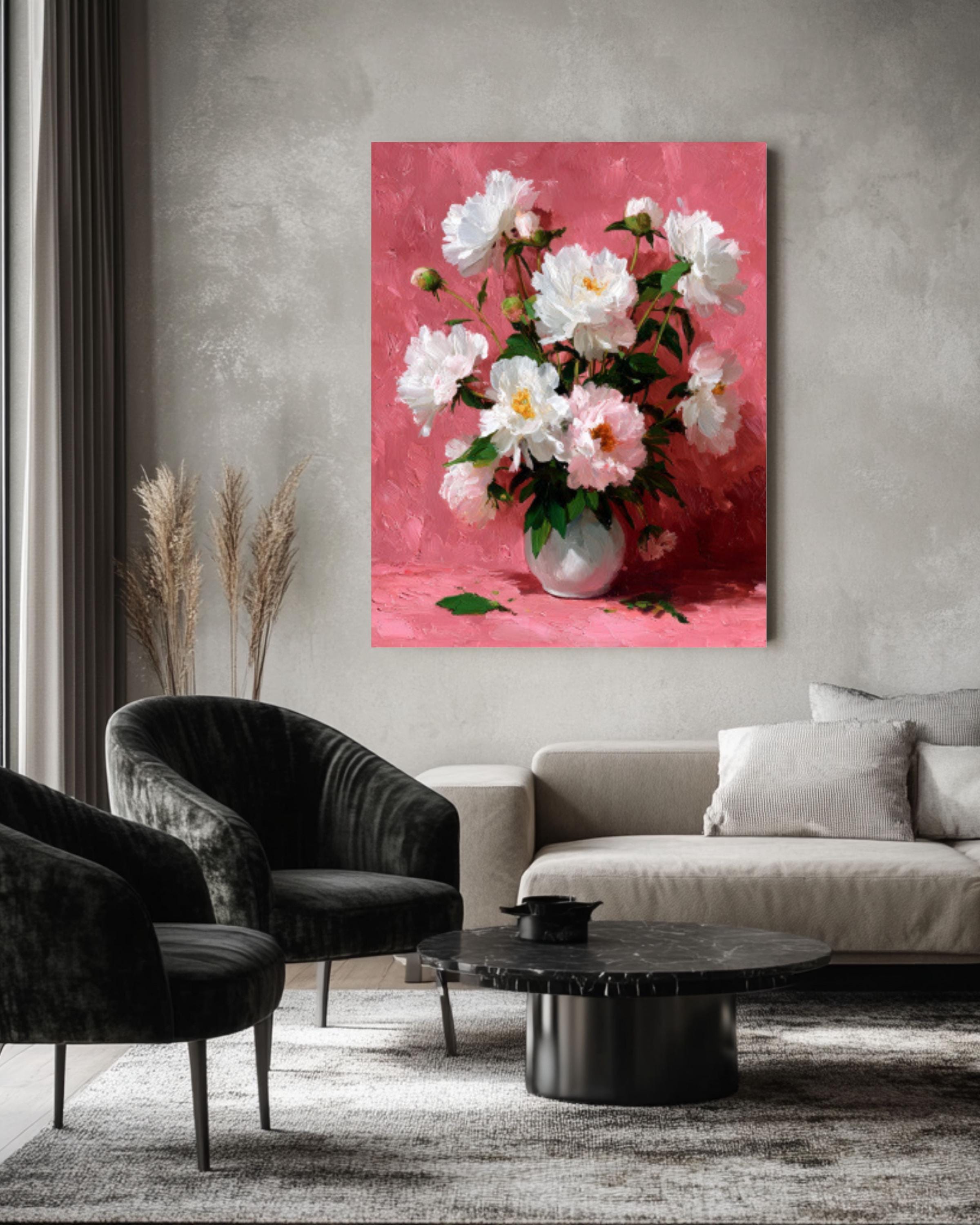 白い牡丹の花の絵画 – ロマンチックなヴィンテージスタイルのアート