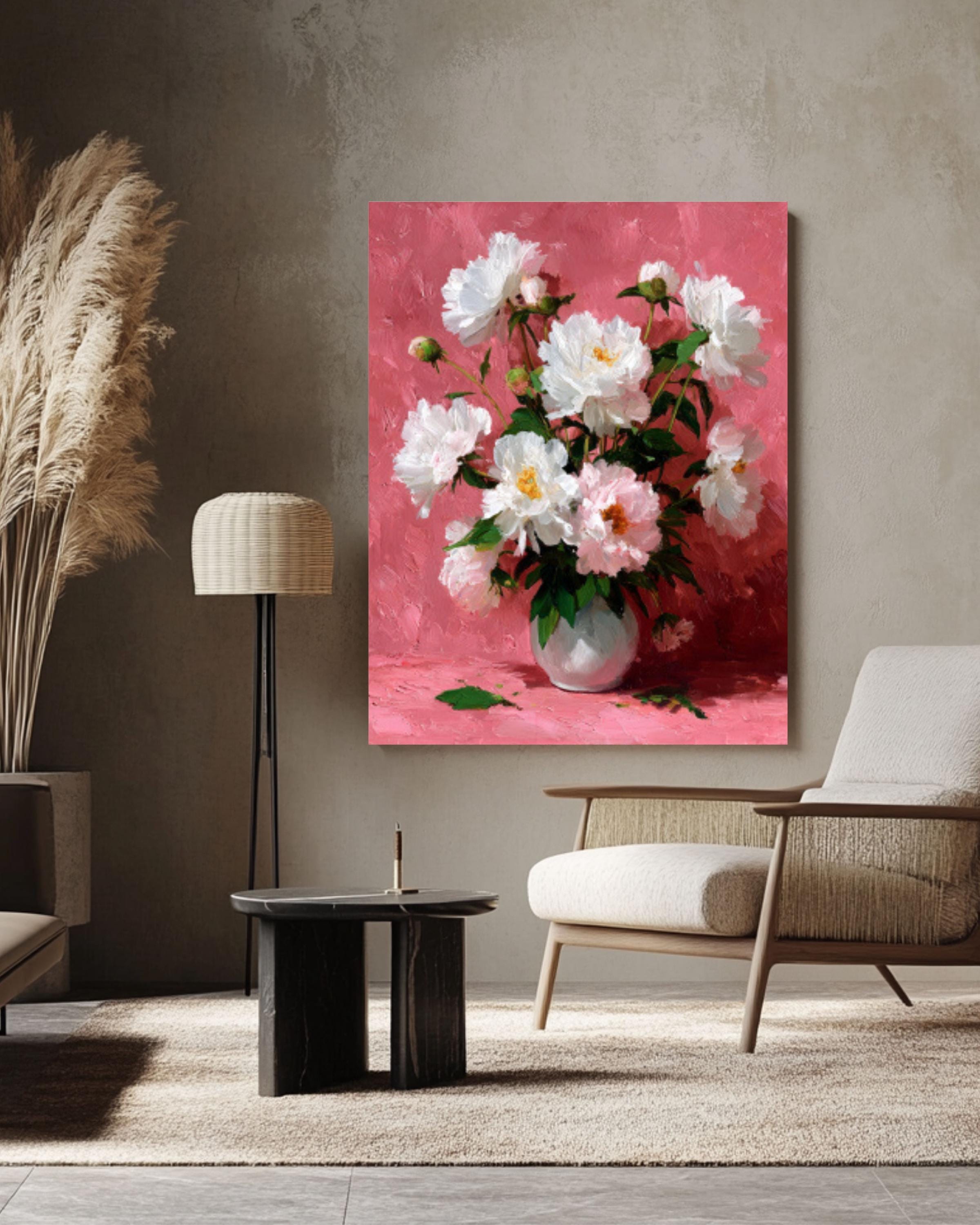 白い牡丹の花の絵画 – ロマンチックなヴィンテージスタイルのアート