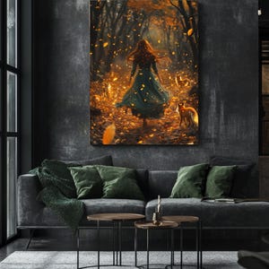Verzauberter Herbstwald Wandkunst – Mädchen im grünen Kleid mit Füchsen, Fantasy Märchen Stil Poster oder Leinwand