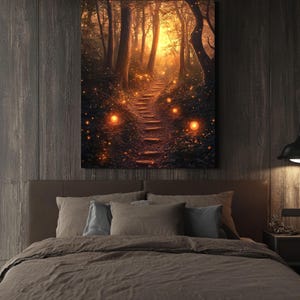 Verzauberter Waldweg Wandkunst - Glühender Wald bei Sonnenuntergang mit magischen Kugeln, warme Fantasielandschaft Poster/Leinwand für gemütliches Wohndekor