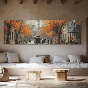 Vintage Autumn City Street Wall Art – Horse Carriage & Church Oil Painting, Rainy Impressionist Poster or Framed Canvas Decor