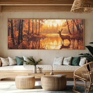 Autumn Deer in Forest Wall Art – Rustic Canvas Painting with Pond & Golden Hour Light, Fall Wildlife Poster or Framed Nature Decor