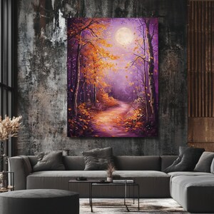 Arte de parede mágica da floresta de outono – pintura a óleo com caminho iluminado pela lua em roxo e laranja, tela ou pôster de paisagem de fantasia sonhadora para decoração aconchegante