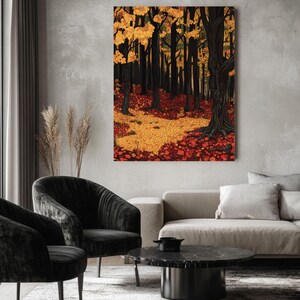 Goldener Herbstwald Wandkunst - Hohe Bäume & Blätterbedeckter Boden, gemütliches Herbstposter oder gerahmte Leinwanddekoration