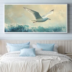 Seagull in Flight Over Ocean Wall Art – Oil Painting Style Coastal Print, Soaring Bird Canvas or Poster for Nautical Adventure Decor