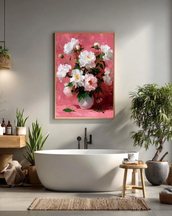白い牡丹の花の絵画 – ロマンチックなヴィンテージスタイルのアート
