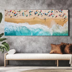 Aerial Beach Scene Art – Summer Ocean Canvas or Framed Wall Decor with Swimmers, Umbrellas & Turquoise Waves in Sunny Coastal Style