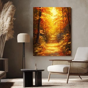 Goldener Herbst Waldweg Wandkunst - Sonnenuntergang Landschaft Ölgemälde Druck, lebendige Herbst Bäume Poster oder Leinwand für gemütliche Natur Dekor