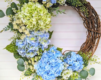 Blue Green Hydrangea Wreath – Eucalyptus Grapevine Floral Door Decor