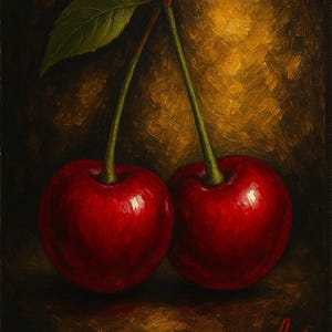 Quadro Ciliegie Rosse su Sfondo Oro- Arte Moderna Nero e Rosso e Oro - Pittura Elegante per Cucina o Salo