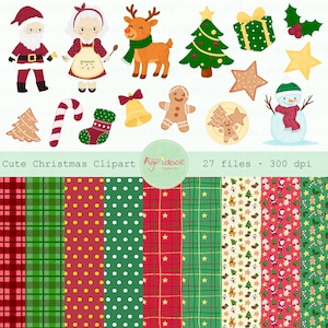 Pode incluir: Uma coleção de cliparts de Natal fofos com o Papai Noel, uma rena, um boneco de neve, bonecos de gengibre, árvores de Natal e fundos estampados. A imagem inclui o texto "Cute Christmas Clipart", "27 arquivos" e "300 dpi".