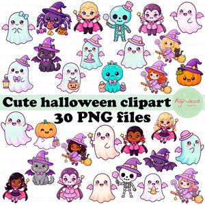 Pode incluir: Uma coleção de 30 ilustrações digitais de clipart de Halloween com fantasmas, vampiros, esqueletos, bruxas em vassouras, gatos e abóboras estilo chibi em tons pastel roxo, rosa e laranja com o texto Cute halloween clipart 30 PNG files.