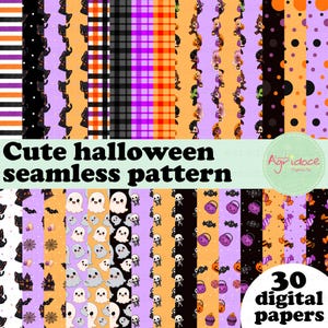 Pode incluir: Uma coleção de 30 papéis digitais com padrões de Halloween sem costura em laranja, roxo, preto e branco. Os designs incluem fantasmas, morcegos, abóboras, esqueletos, doces, gatos, xadrez, listras e bolinhas com sobreposição de texto.