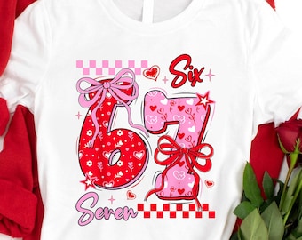 Retro 67 Valentine Day Shirt, Coquette Bow Love Six Seven Tee, Pink Red Checkered Hearts 6 7 Funny Number Meme T-Shirt