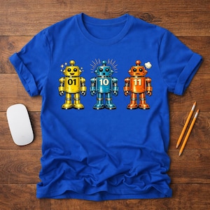 May include: Royal blue t-shirt featuring three cartoon robots in yellow, blue, and orange. Each robot has a number: 01, 10, and 11. The robots have various expressions and details, such as stars and a thought bubble.