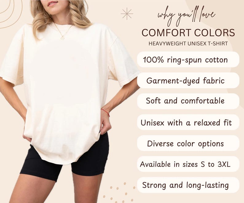 May include: Cream-colored, heavyweight unisex t-shirt. The shirt is made of 100% ring-spun cotton and is garment-dyed. The text on the image says "COMFORT COLORS" and "HEAVYWEIGHT UNISEX T-SHIRT". The shirt is available in sizes S to 3XL.