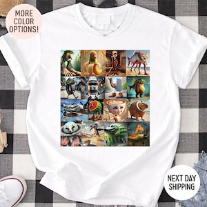May include: White t-shirt featuring a grid of whimsical cartoon characters. The characters include a monkey, a frog, a coffee cup with a face, and a giraffe. The shirt has the text "MORE COLOR OPTIONS!" and "NEXT DAY SHIPPING".