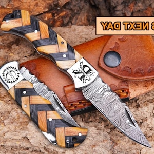 Coltellino tascabile inciso per uomo / Coltello pieghevole personalizzato con fodero / Manico personalizzato / Set regalo per sposo / Coltello da esterno / Pronto da regalare