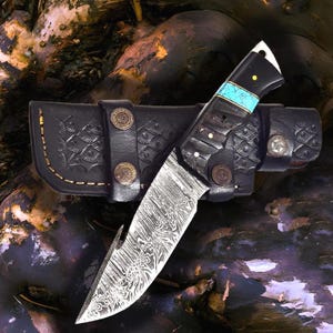 Custom Hand-Forged Damascus Knife | Outdoor Hunting Knife | Full Tang Tactical Knife W/Sheath | Great Gift for Dad, Hunters, and Adventurers