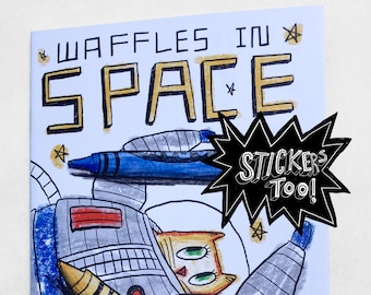 Activity Zine for Kids - Coloring book, hidden objects, connect the dots, finger puppets and more. Waffles in Space sticker sheet included.