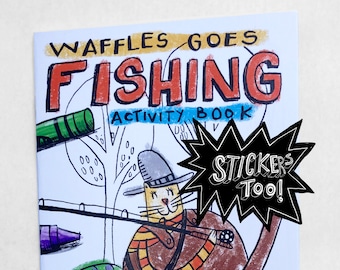 Activity Zine for Kids - Coloring book, hidden objects, finger puppets and more. Waffles Goes Fishing sticker sheet included.