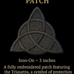 May include: Black embroidered Triquetra patch, 3 inches in diameter, with the text "GRIMOIRE GROVE BLACK TRIQUETRA PATCH". The patch is iron-on and features a symbol of protection and the triple aspect of the Goddess. Handmade embroidery.