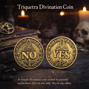 May include: Two gold-colored Triquetra Divination coins, one with "NO" and the other with "YES". The coins have an ornate border and a central triquetra symbol. The text "Triquetra Divination Coin" is at the top, with the text "A simple divination coin rooted in ancient symbolism. Yes on one side, No on the other." at the bottom.