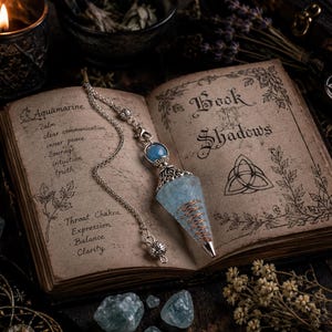 May include: A faceted light blue aquamarine crystal pendulum with a silver-toned metal cap and copper wire wrapping, attached to a silver chain. The pendulum rests on an open book titled Book of Shadows, which features text about aquamarine.