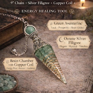 Green Aventurine Pendulum – Copper Coil | Silver Filigree | Divination Tool | Energy Healing | Dowsing Crystal