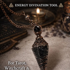 May include: A black obsidian pendulum featuring a 9-inch brass chain, a copper coil, and a resin chamber. The text reads: Black Obsidian Pendulum, 9" Brass Chain, Copper Coil, Resin Chamber, ENERGY DIVINATION TOOL, For Tarot, Witchcraft & Spiritual Guidance.