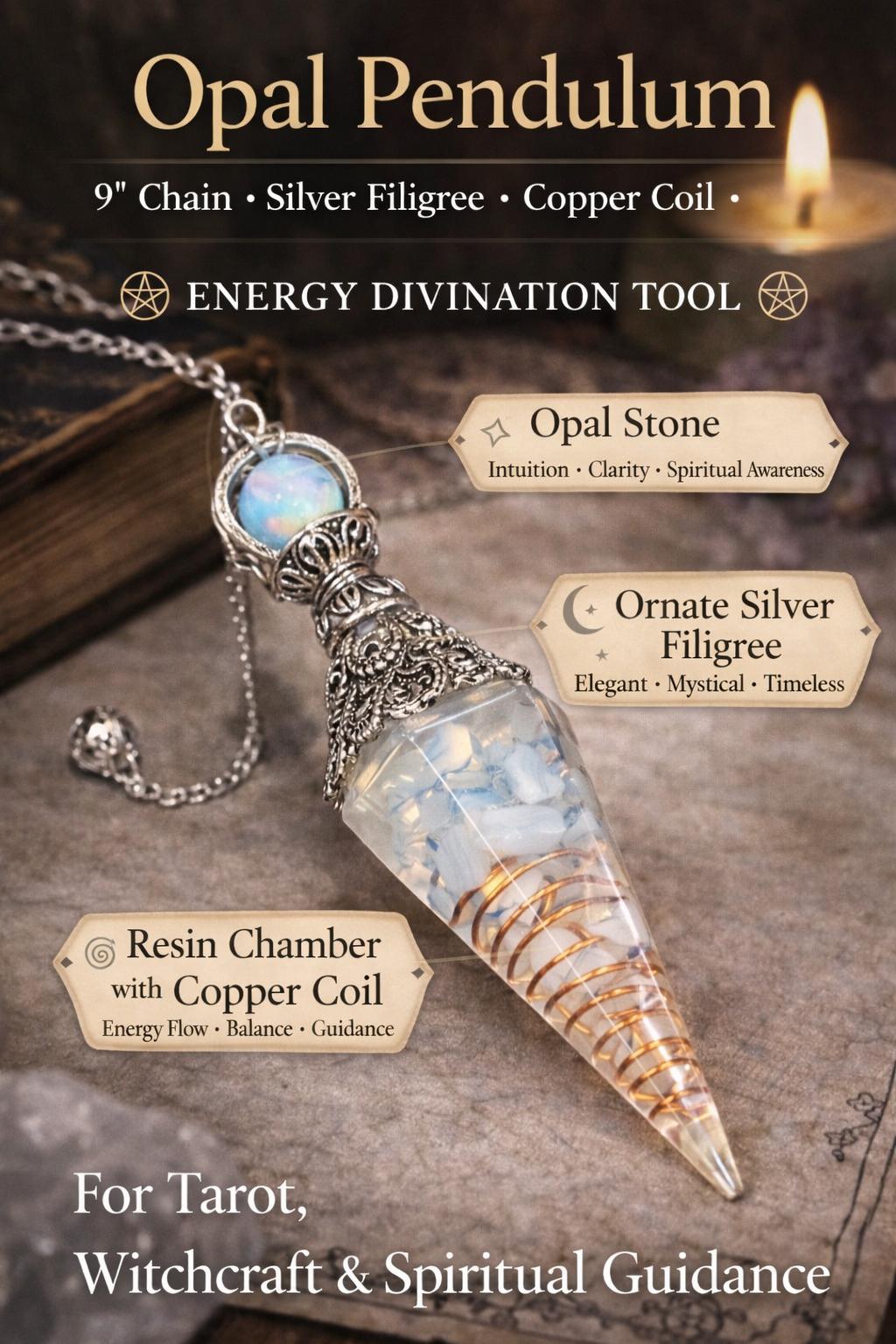 Opal Pendulum, Silver Filigree, Copper Coil, Divination Tool (9" Chain)
