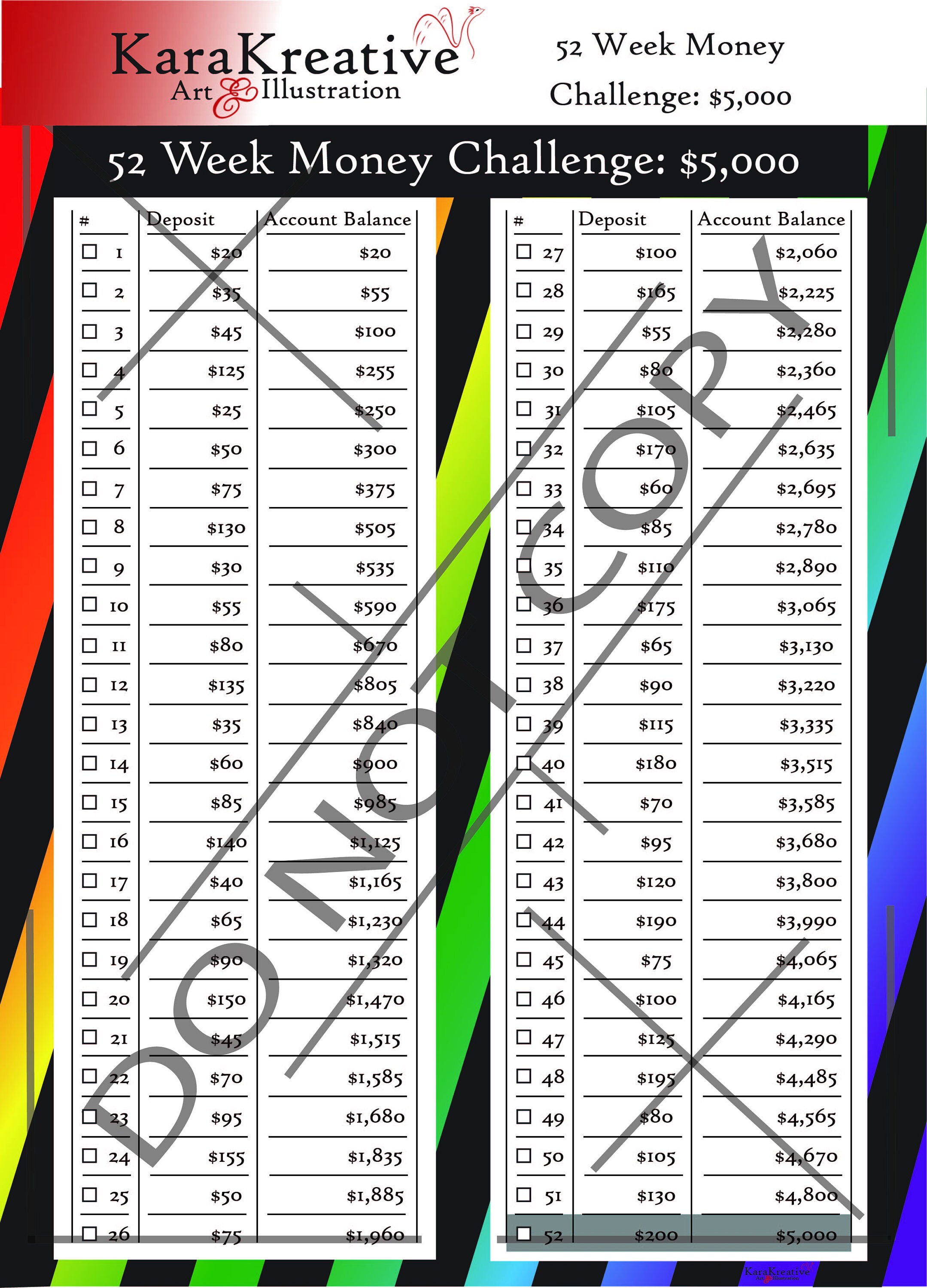 Printable 52 Week Money Challenge Save 5000 & 10000 Etsy