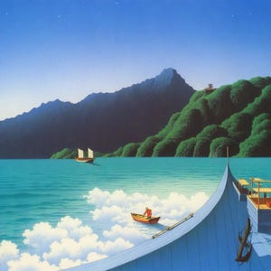 May include: A serene landscape painting depicts a calm turquoise sea with two boats sailing. A small boat with a person in red attire floats near a cloud formation. Lush green hills and a mountain range form the backdrop under a clear blue sky.