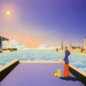 Puede incluir: Una pintura surrealista muestra a un hombre con chaqueta azul y pantalones naranjas de pie sobre una superficie púrpura, mirando una ciudad. Un vaso de zumo de naranja y naranjas están cerca. El cielo cambia de naranja a azul, con sol y nubes.