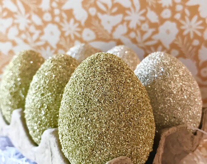6 Gold and Silver German Glitter Glass Easter Eggs