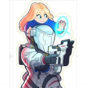 May include: A cartoon sticker featuring a futuristic astronaut with a weapon, and a woman with blonde hair. The astronaut is in a white and gray spacesuit. The woman is wearing a blue top and has a glowing blue energy effect around her hand. The sticker is approximately 3.5 inches tall.