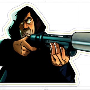 May include: Illustration of a person in a black hooded cloak aiming a teal and silver shotgun. The character has a stern expression, with a focused gaze. The image is a sticker with a white border.