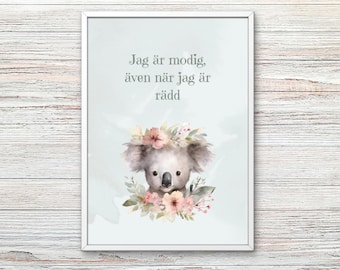 Poster för barn – Jag är modig även när jag är rädd | Digital affirmationstavla för barn | Koala barntavla | Printable Kids Wall Art