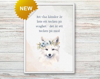 Poster för barn – Att visa känslor är inte tecken på svaghet | Digital affirmationstavla för barn | Fox barntavla | Printable Kids Wall Art