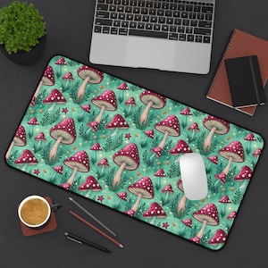 Cottagecore Mushroom Desk Mat | Vintage Fern and Fungi Mouse Pad | Botanical Aesthetic Desk Pad | Nature Core Decor | Forest Desk Mat