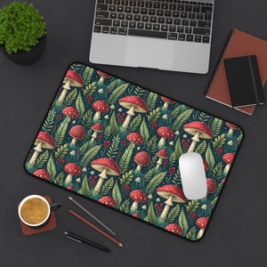 Cottagecore Mushroom Desk Mat | Vintage Fern and Fungi Mouse Pad | Botanical Aesthetic Desk Pad | Nature Core Decor | Forest Desk Mat
