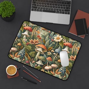 Cottagecore Mushroom Desk Mat | Vintage Fern and Fungi Mouse Pad | Botanical Aesthetic Desk Pad | Nature Core Decor | Forest Desk Mat