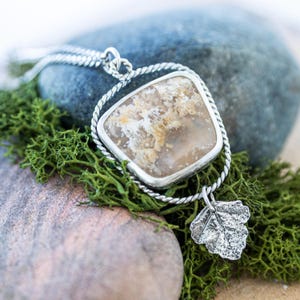 Handcrafted Sterling Silver Pendant with Plume Agate and Real Silver Leaf